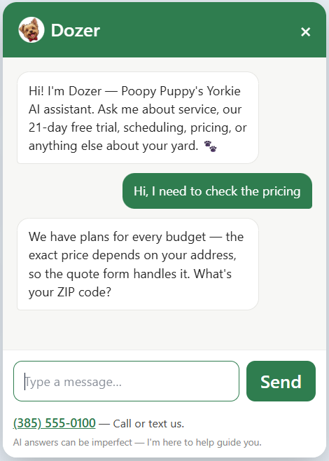 The chat widget open on poopypuppy.com, answering a question about pricing