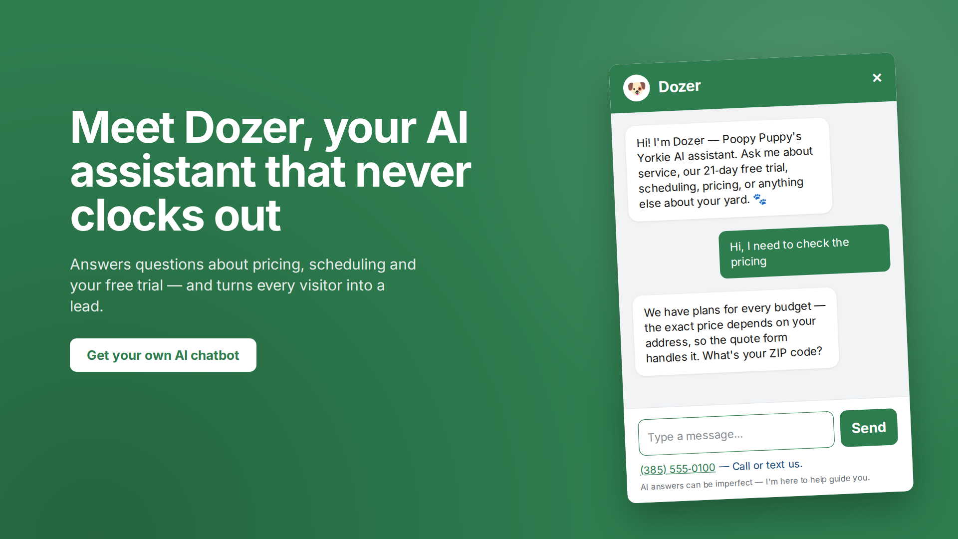 Dozer, the Poopy Puppy assistant, answering a pricing question in the chat window