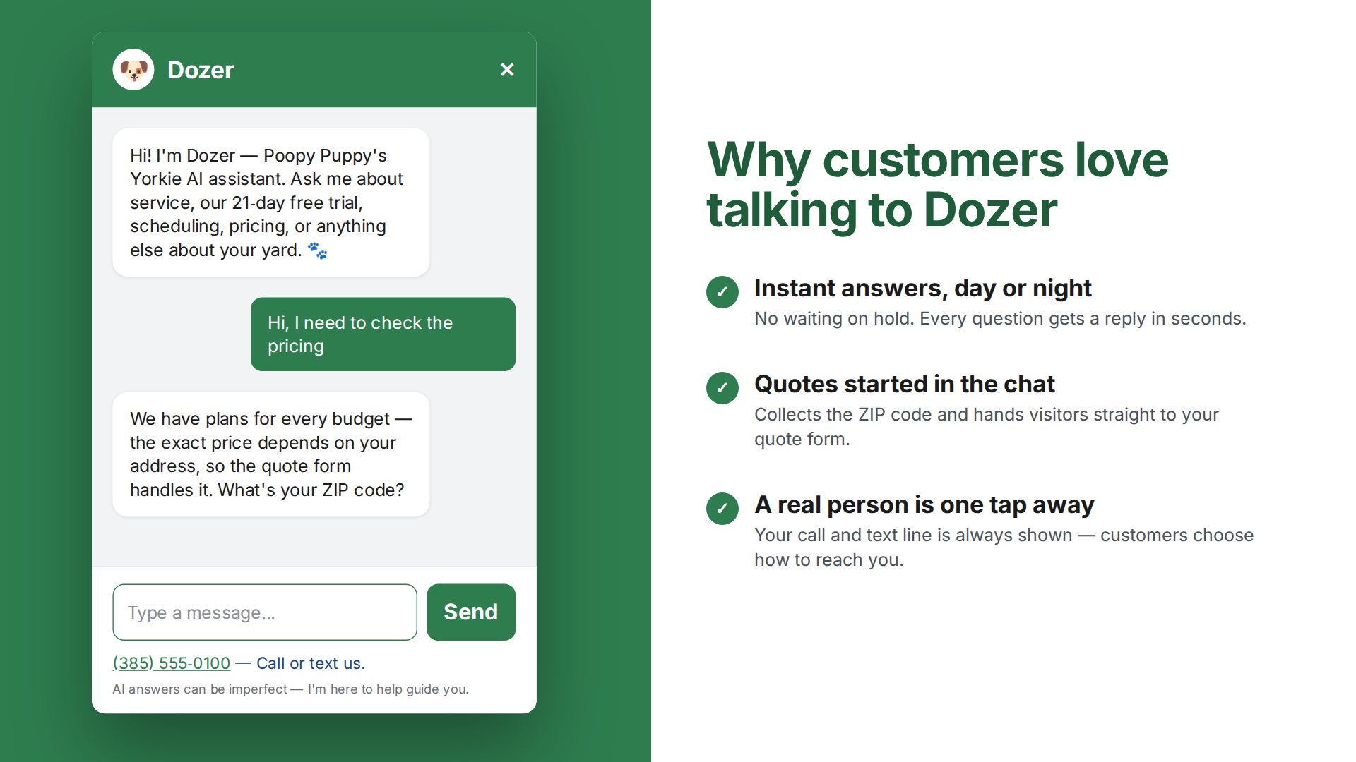Why customers love talking to Dozer: instant answers, quotes started in the chat, a real person one tap away