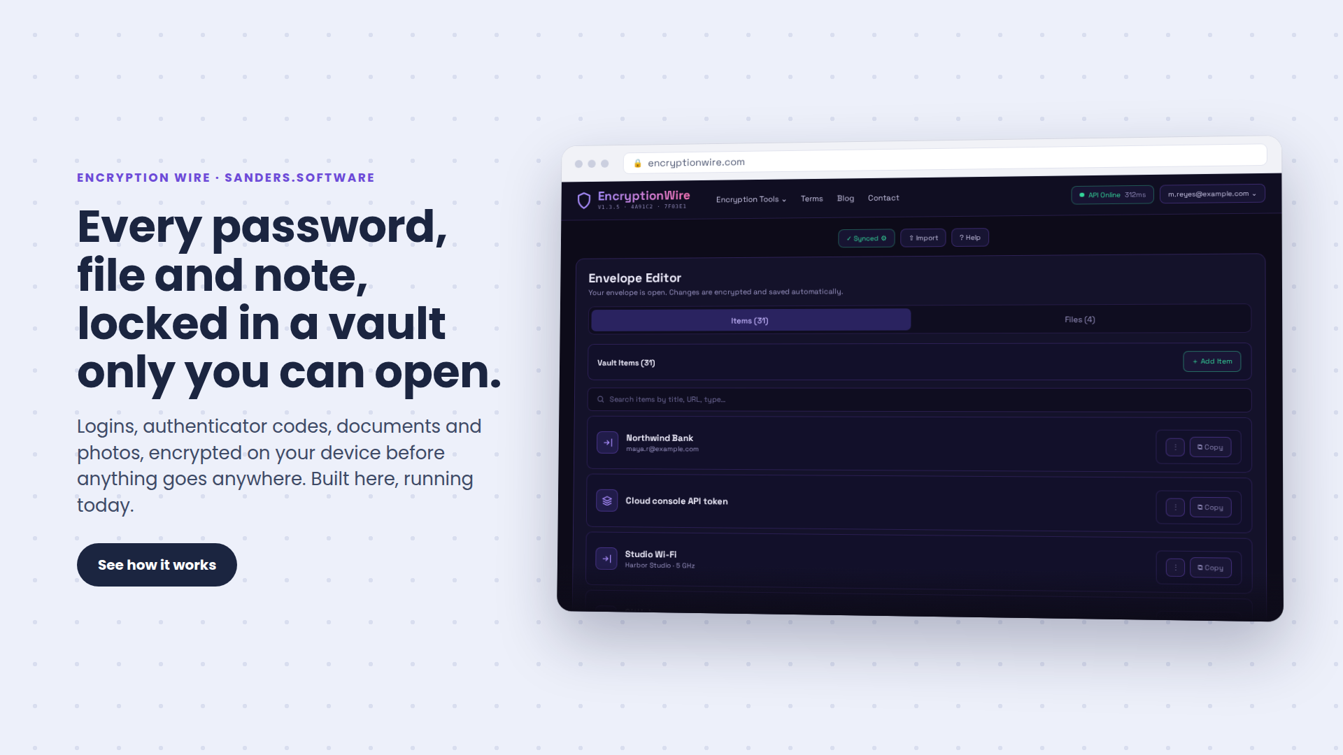 The Encryption Wire vault with an envelope open, listing saved logins, codes and files