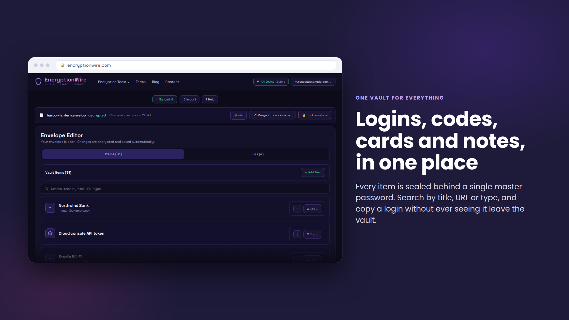 One envelope holding logins, authenticator codes, cards and notes, with search across title, URL and type