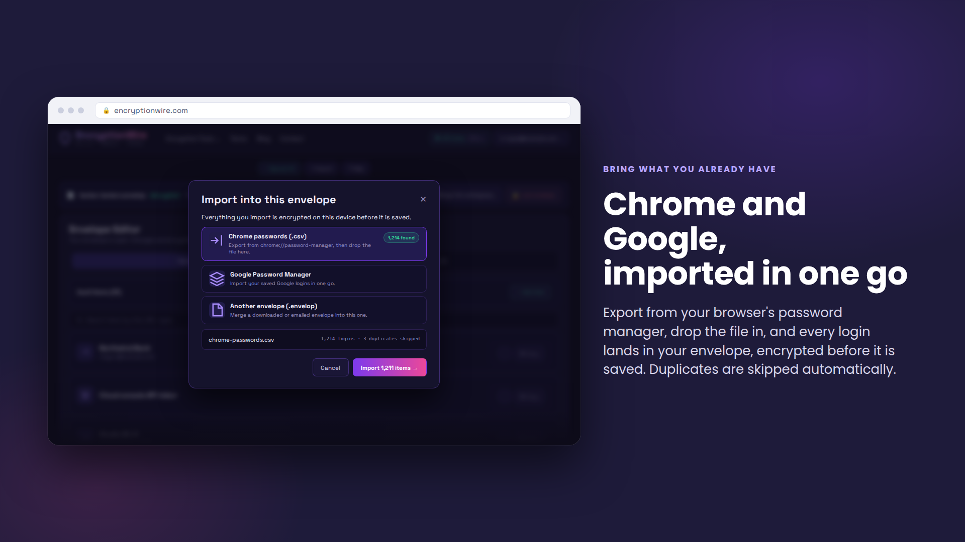 The import screen bringing Chrome and Google passwords into the vault