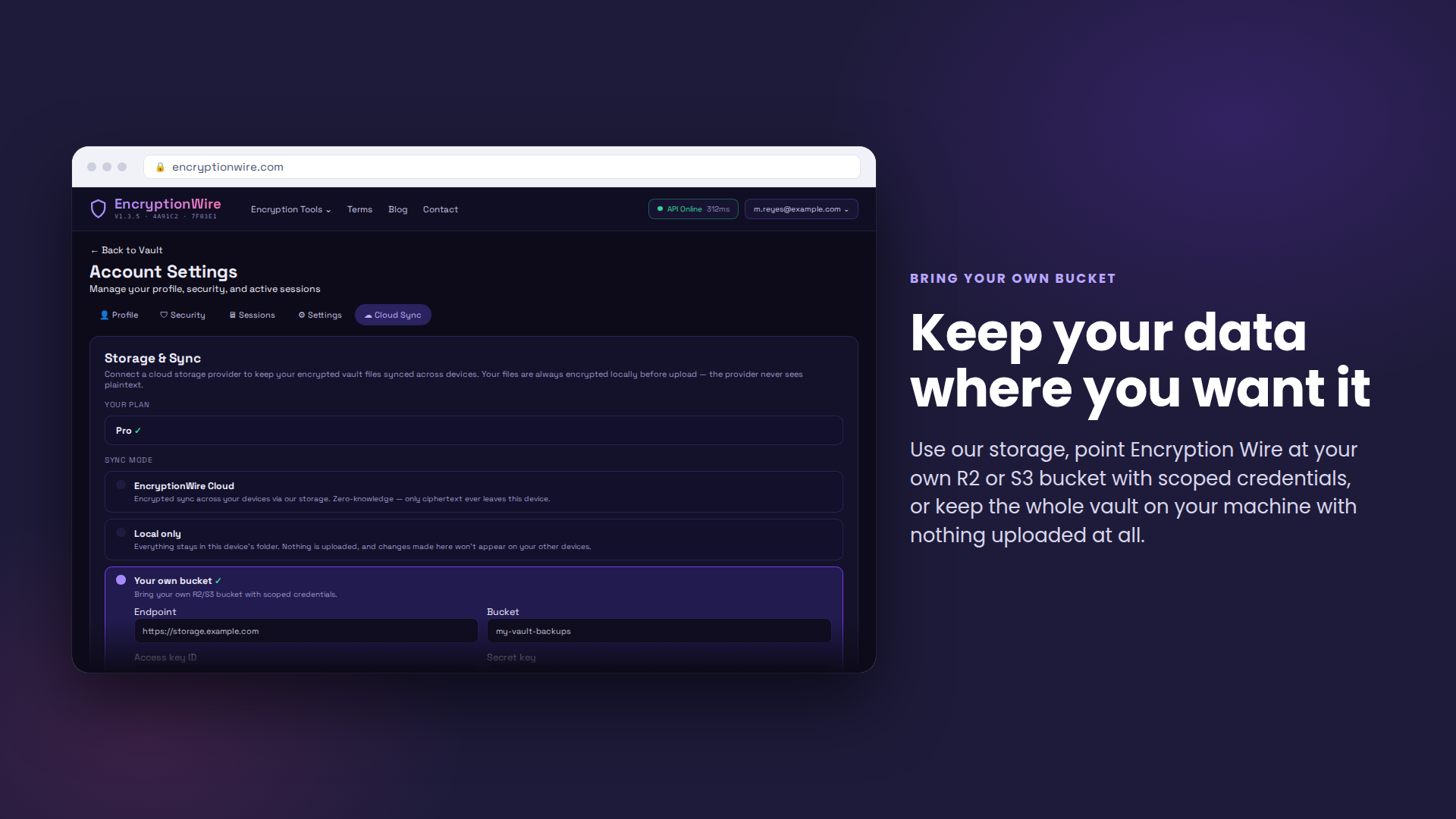 Storage settings offering Encryption Wire Cloud, your own R2 or S3 bucket, or local only