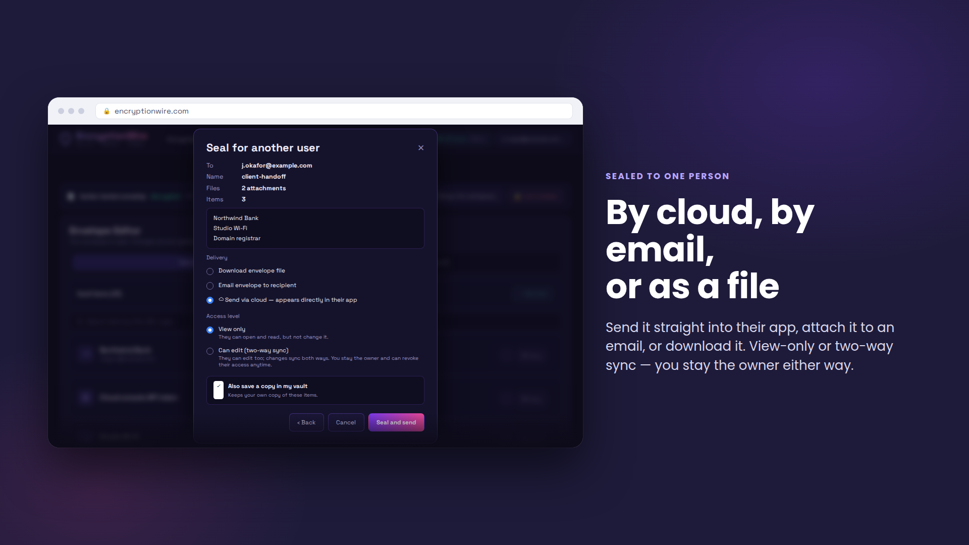 The seal-and-send dialog with cloud, email and file delivery and view-only or two-way access