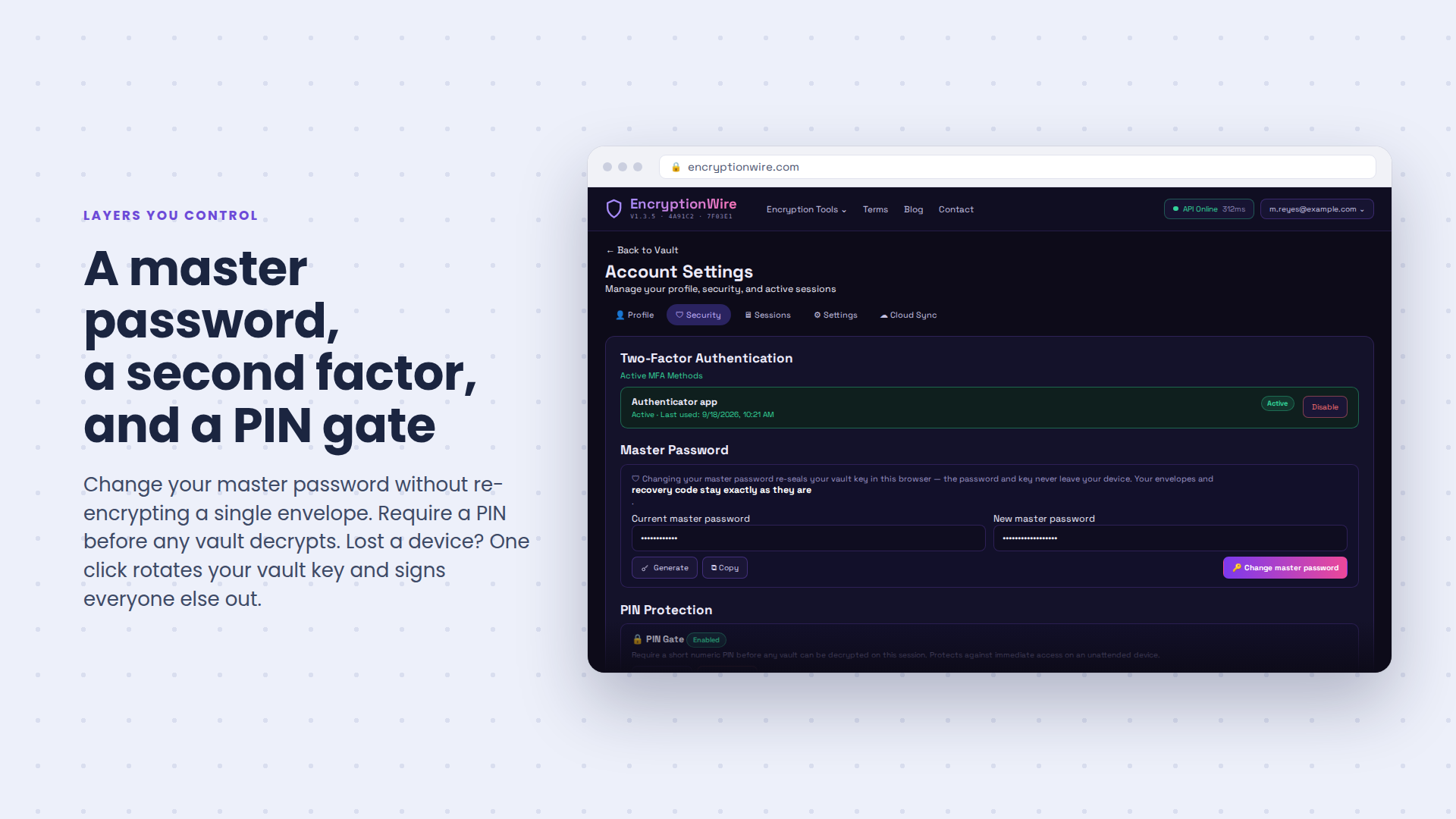 Security settings: master password, second factor, PIN gate and vault key rotation