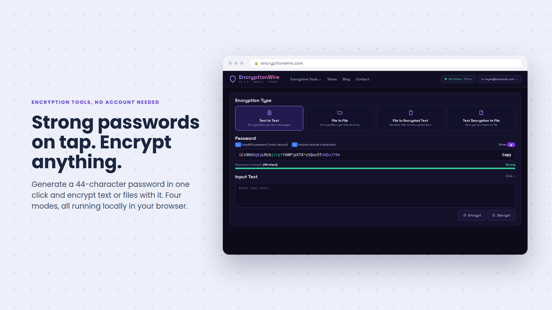 The tools screen with a password generator and in-browser text and file encryption