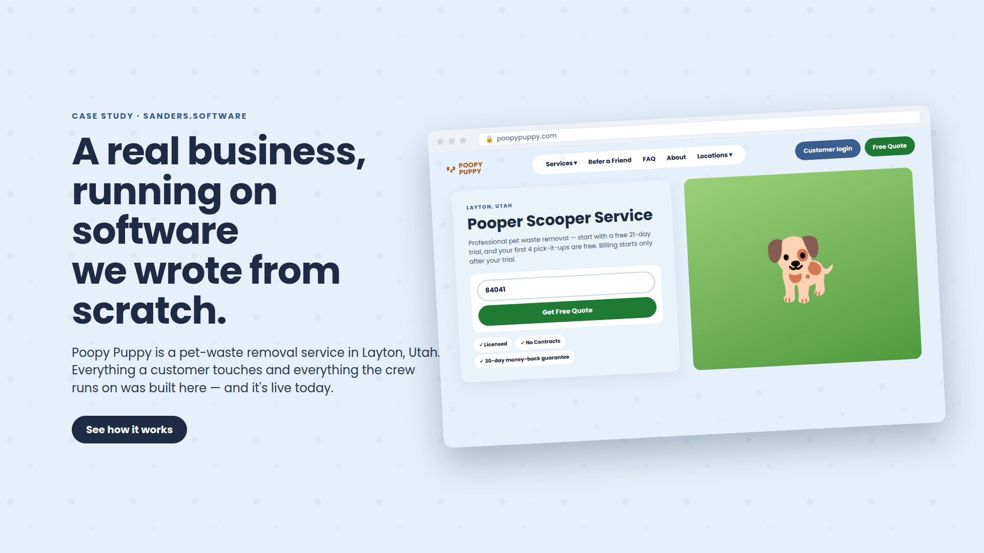 Poopy Puppy's marketing site: a real waste-removal business in Layton, Utah, running on software we wrote from scratch