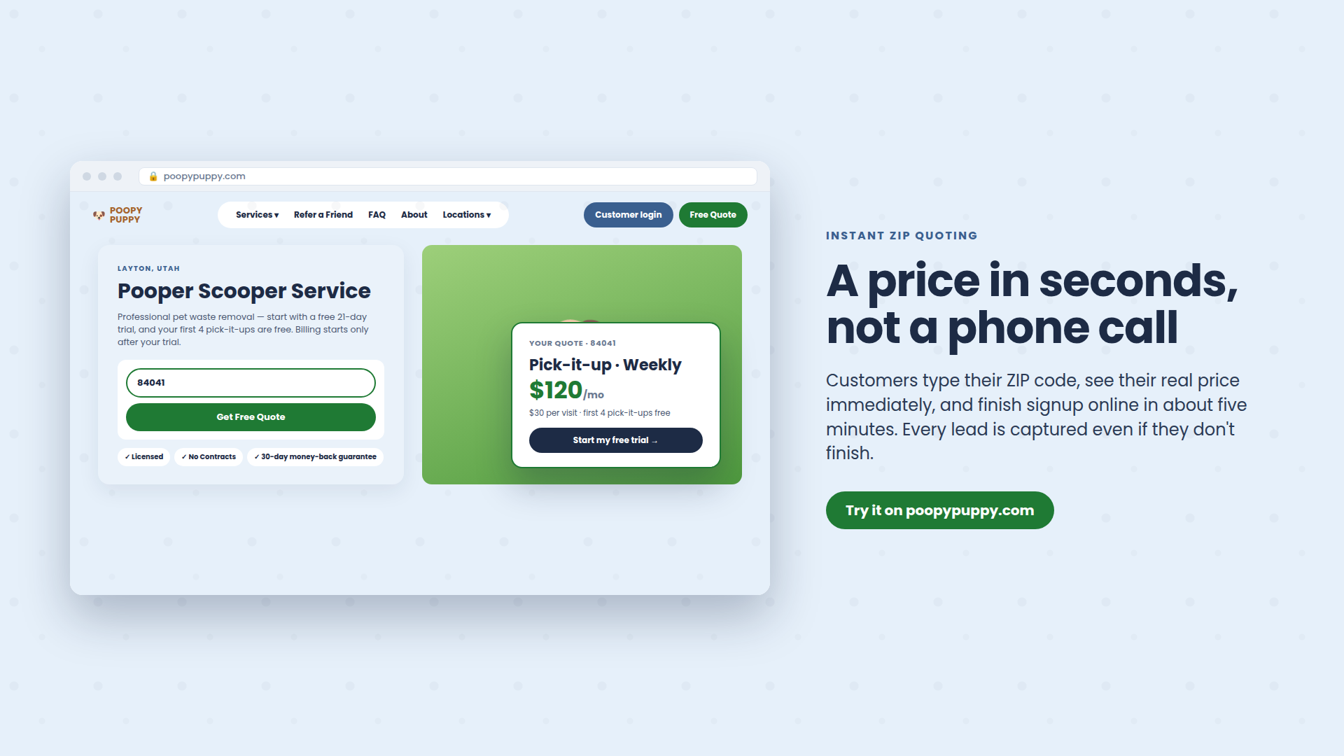 The instant-quote form on the marketing site with a ZIP code entered and a price shown