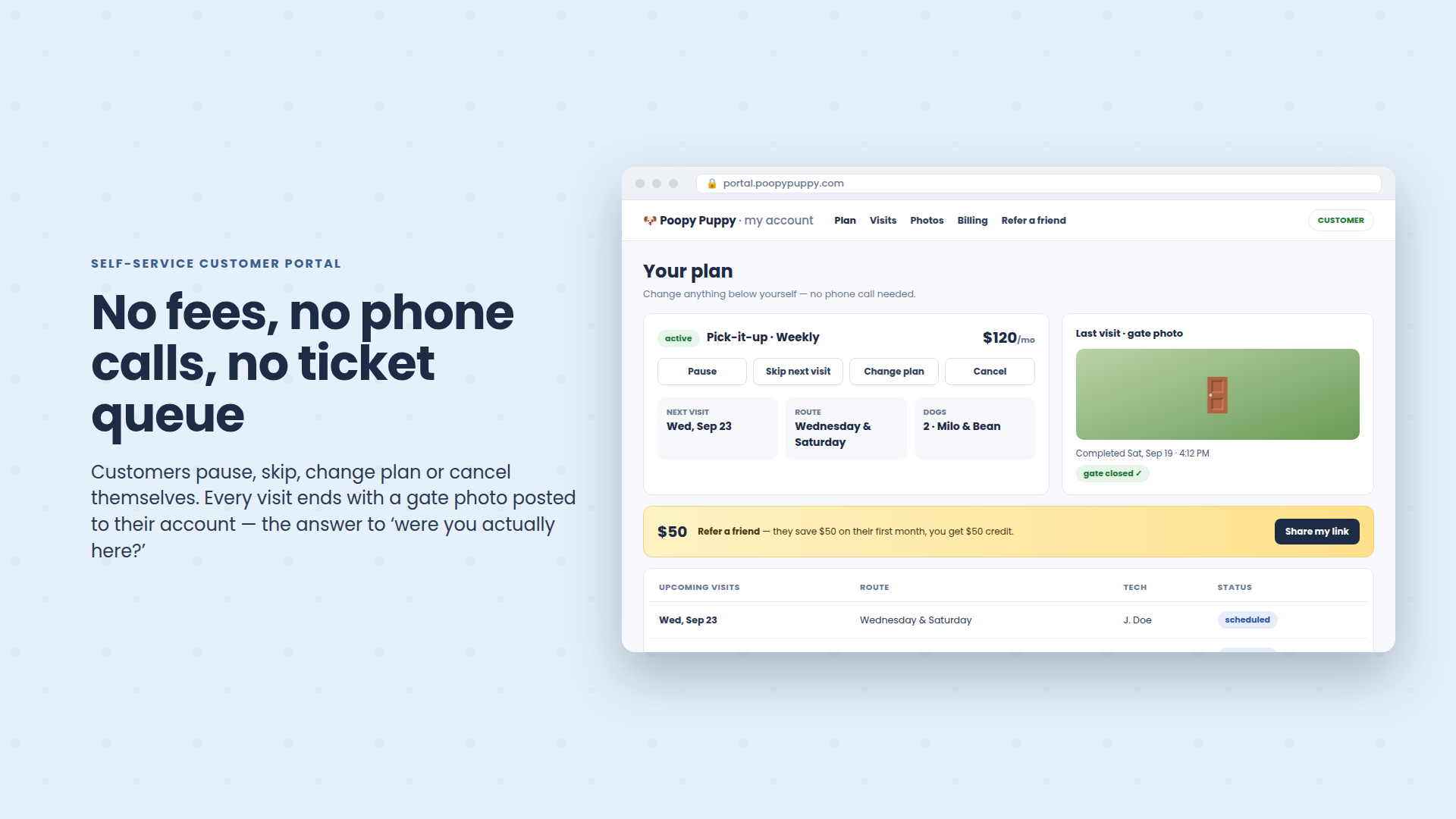 The customer portal showing the subscription with pause, skip and change-plan controls and the last gate photo