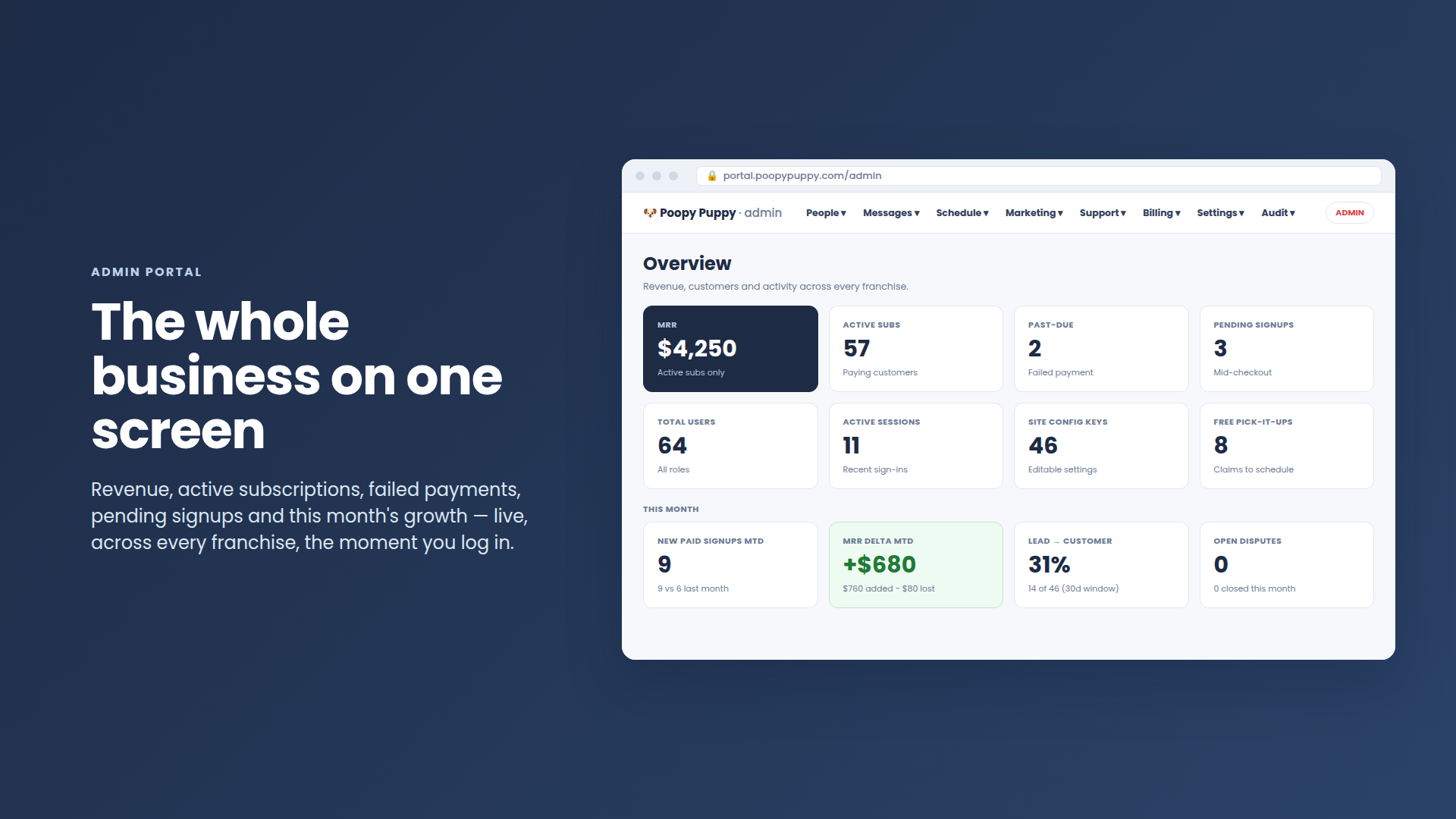 The admin overview dashboard with revenue, active subscriptions, failed payments and monthly growth