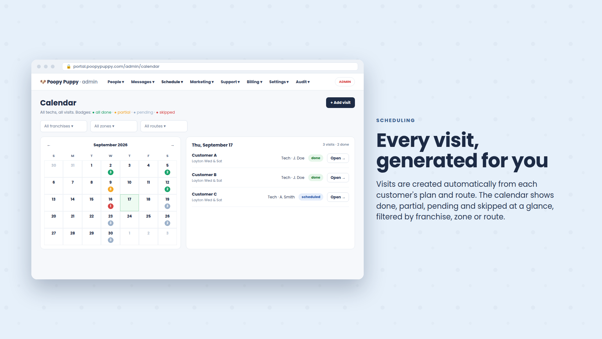 The scheduling calendar with visits colour-coded by status