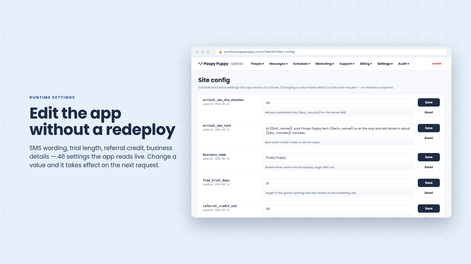 The runtime settings screen with SMS wording, trial length and referral credit