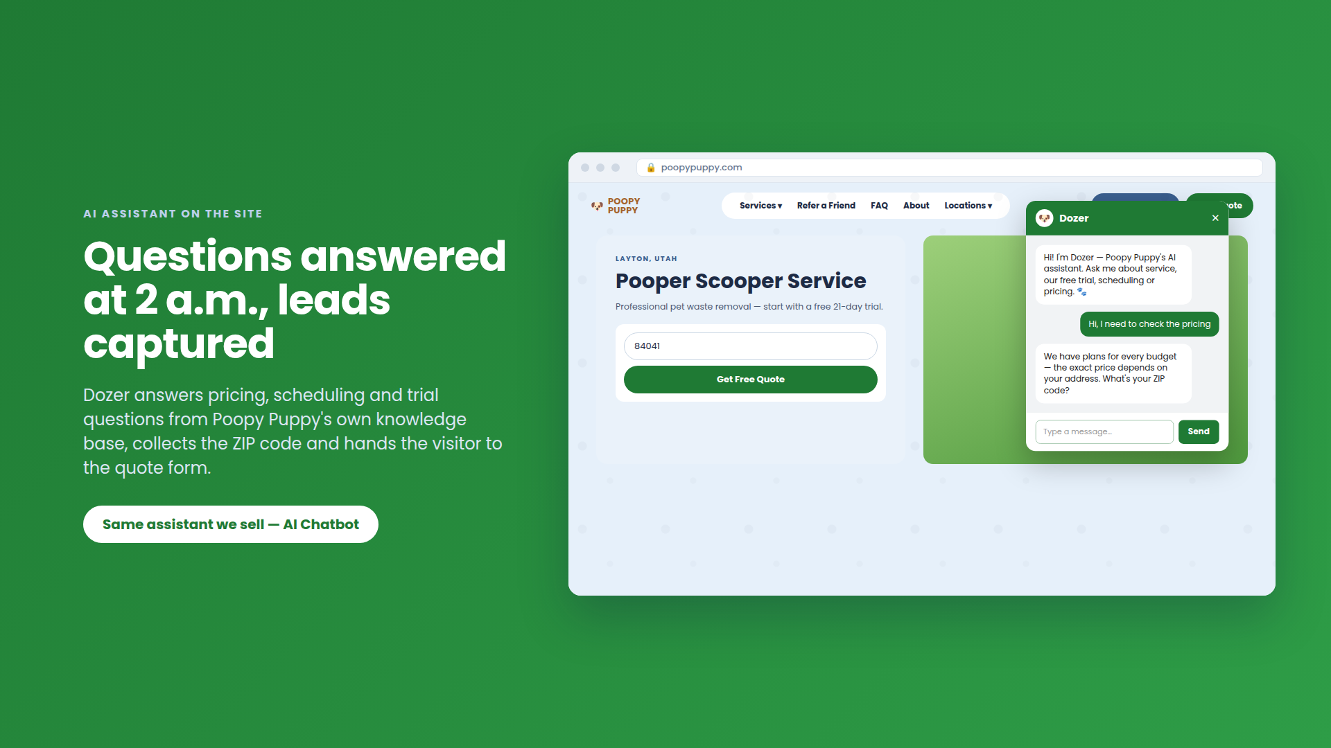 Dozer, the AI assistant, answering a pricing question and capturing a lead