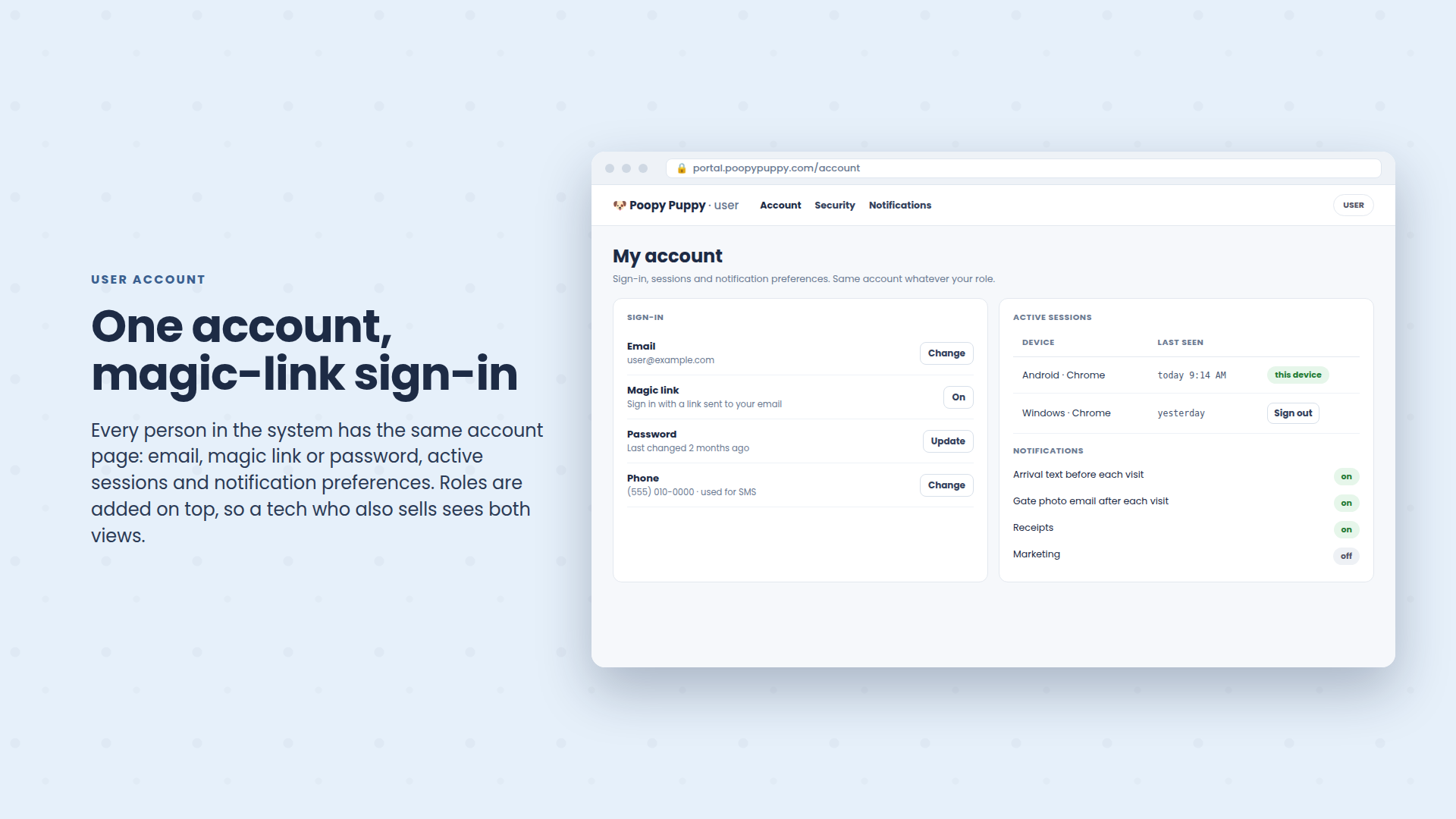 The shared account page with magic-link sign-in, active sessions and notification preferences